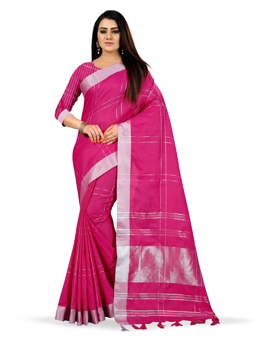 

VEDANT VASTRAM Checked Zari Silk Cotton Banarasi Saree, Pink