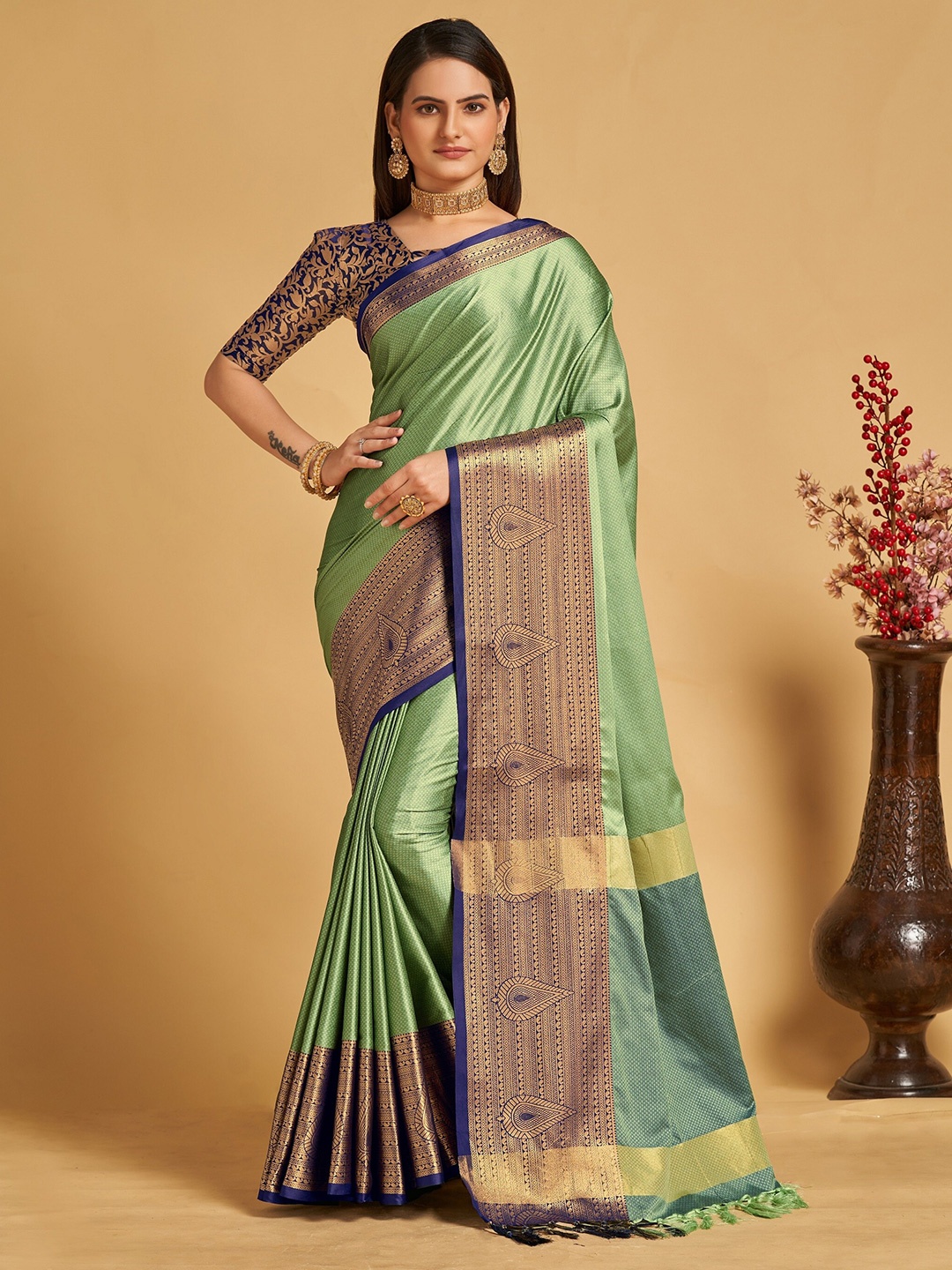 

VEDANT VASTRAM Ethnic Motifs Woven Design Zari Banarasi Saree, Olive