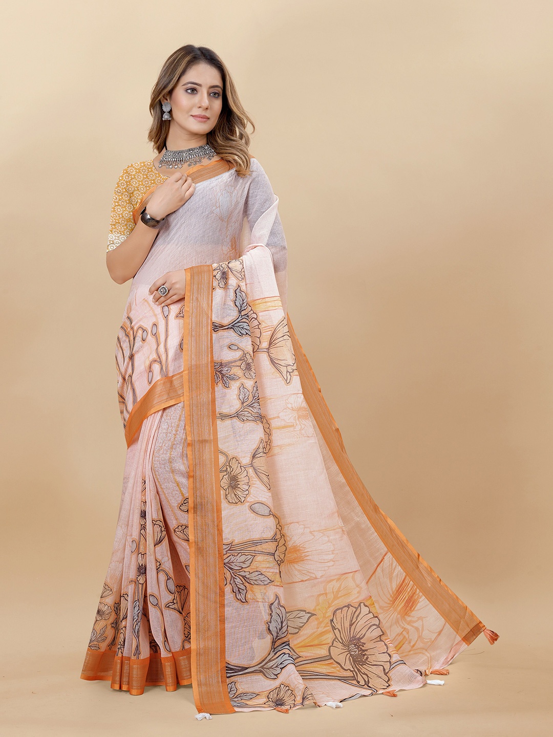 

VEDANT VASTRAM Floral Zari Pure Linen Saree, Orange