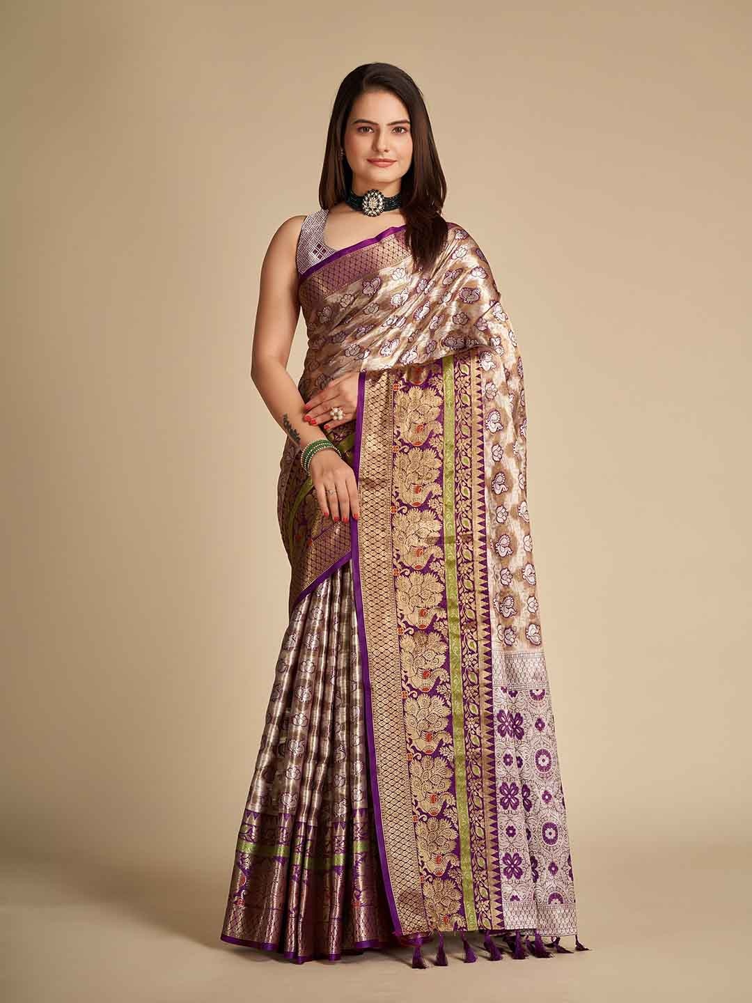 

VEDANT VASTRAM Floral Zari Banarasi Saree, Purple