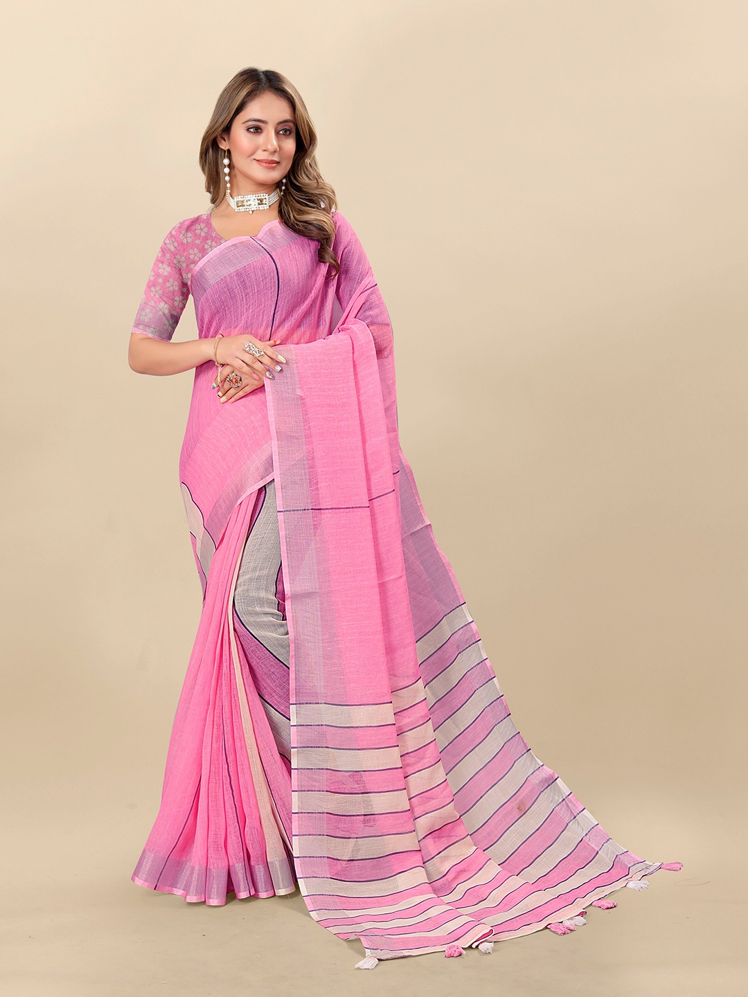 

VEDANT VASTRAM Striped Printed Zari Pure Linen Saree, Pink