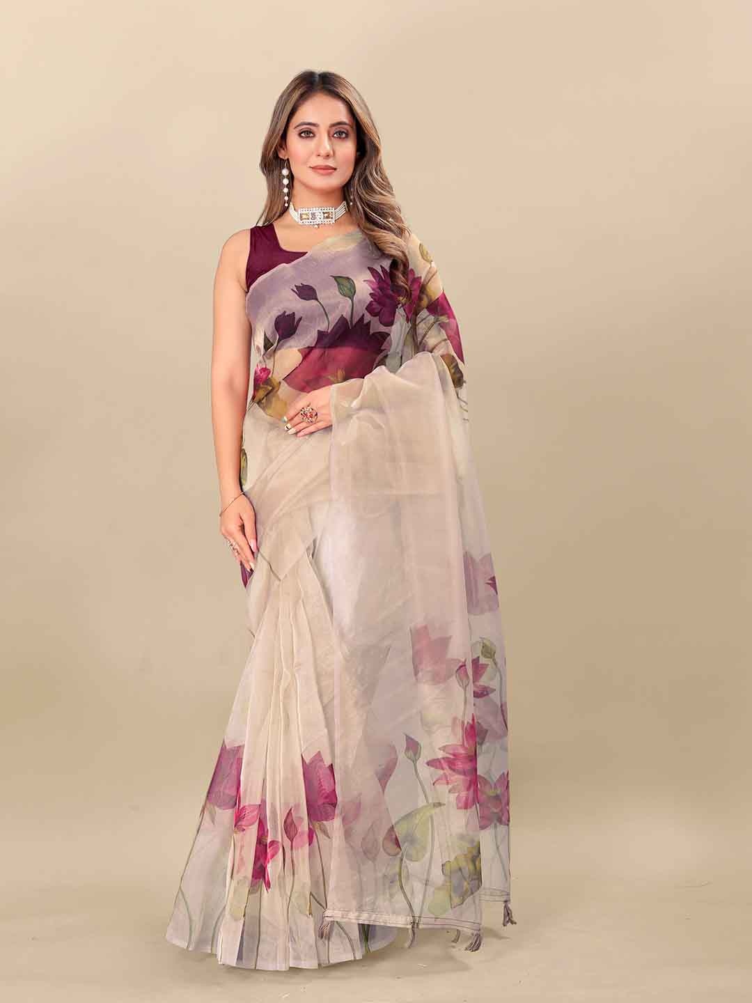 

VEDANT VASTRAM Ethnic Motifs Printed Organza Saree, Purple