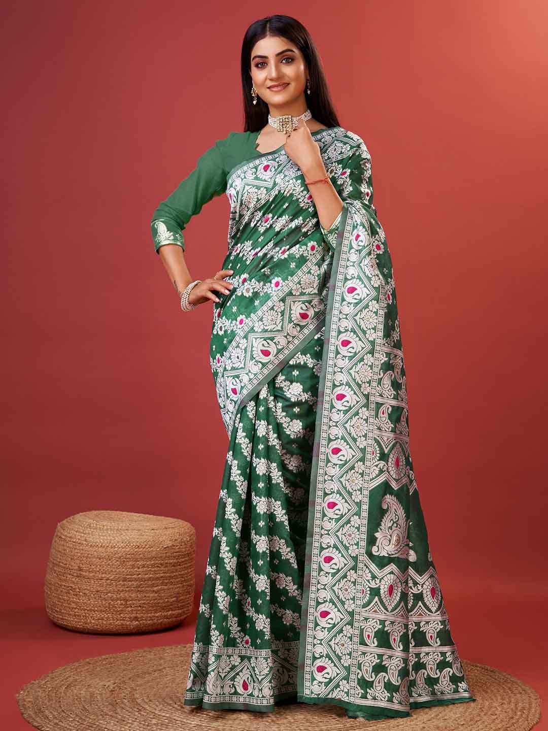 

VEDANT VASTRAM Ethnic Motifs Woven Design Zari Pure Cotton Jamdani Saree, Green