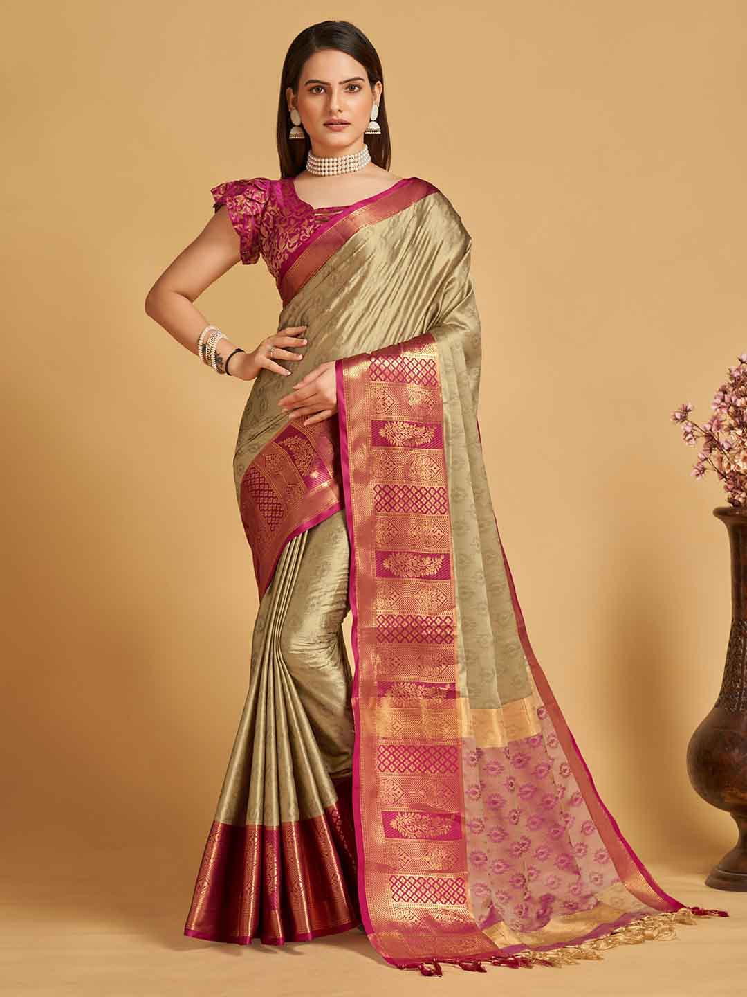 

VEDANT VASTRAM Ethnic Motifs Woven Design Zari Banarasi Saree, Beige