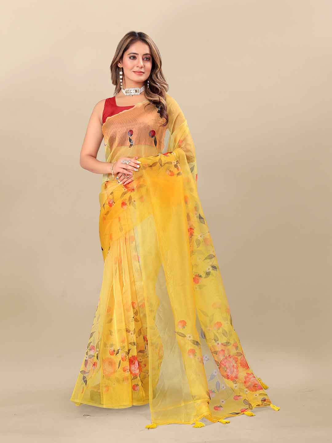 

VEDANT VASTRAM Floral Printed Organza Saree, Yellow