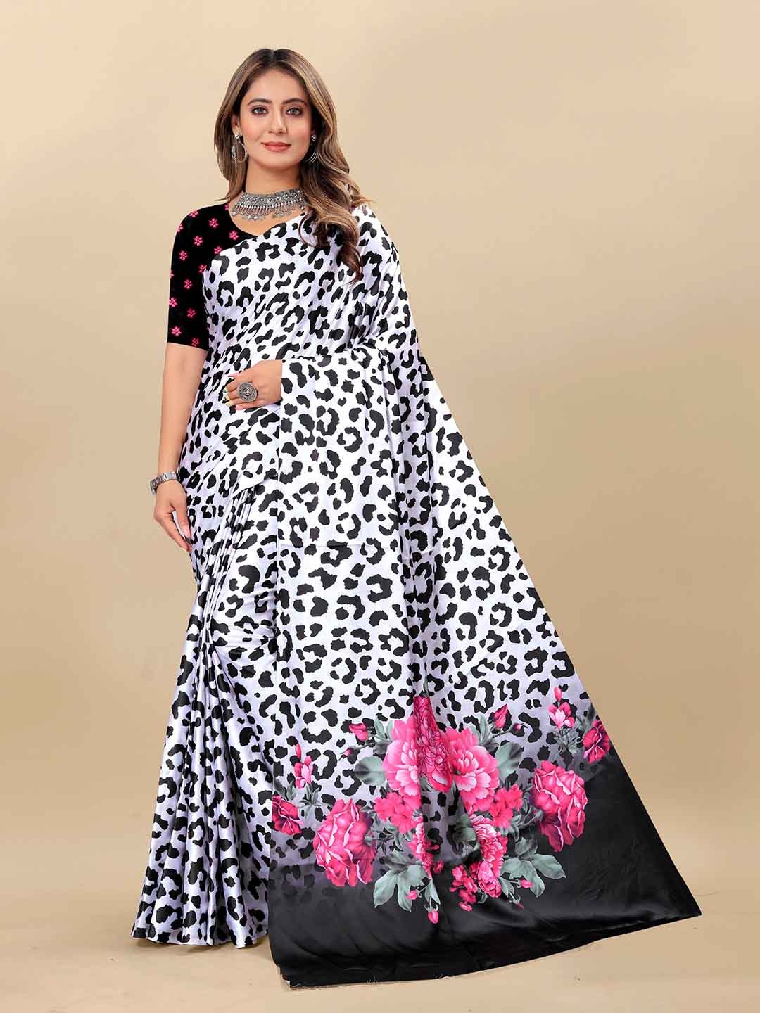 

VEDANT VASTRAM Animal Printed Satin Saree, White