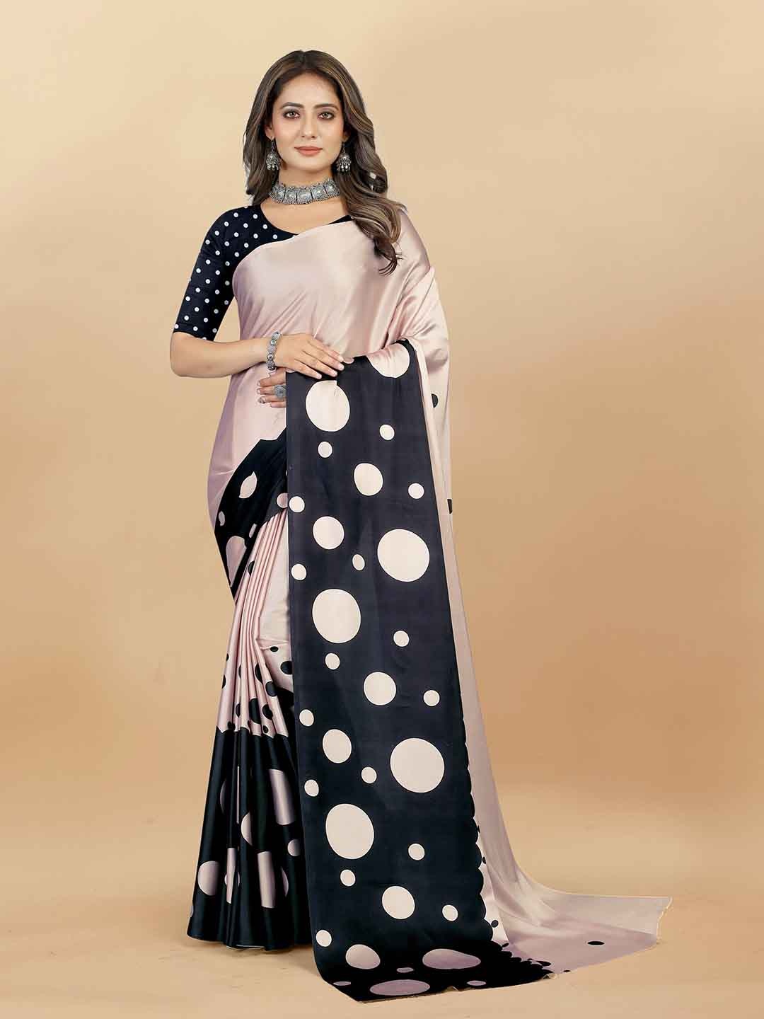 

VEDANT VASTRAM Polka Dot Printed Satin Saree, Black