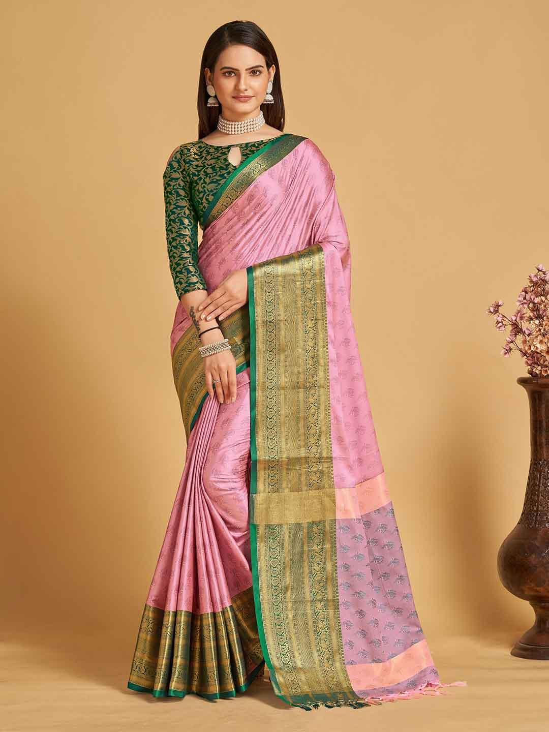 

VEDANT VASTRAM Floral Woven Design Zari Banarasi Saree, Pink