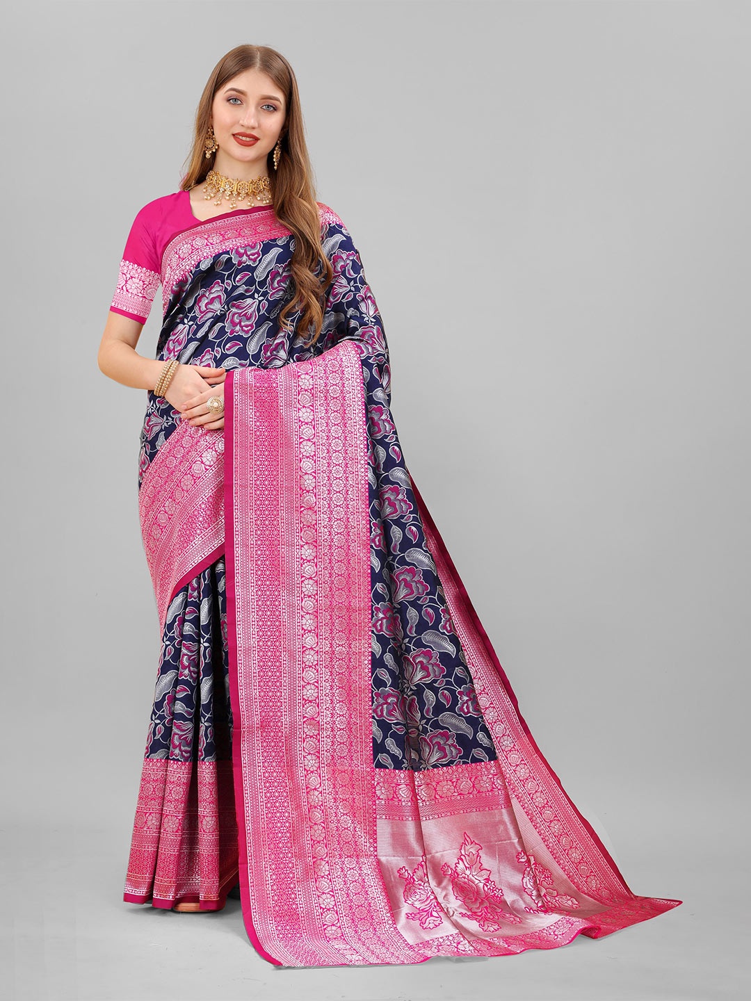

VEDANT VASTRAM Floral Zari Banarasi Designer Saree, Navy blue