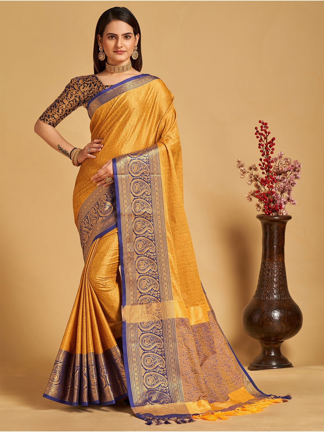 

VEDANT VASTRAM Ethnic Motifs Woven Design Zari Banarasi Saree, Mustard