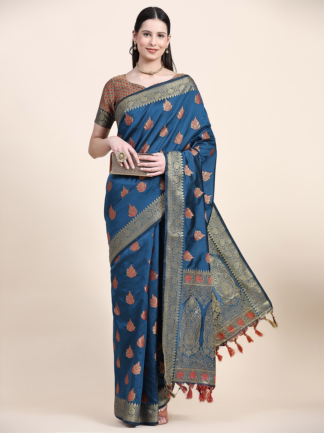 

VEDANT VASTRAM Ethnic Motifs Woven Design Zari Banarasi Saree, Teal