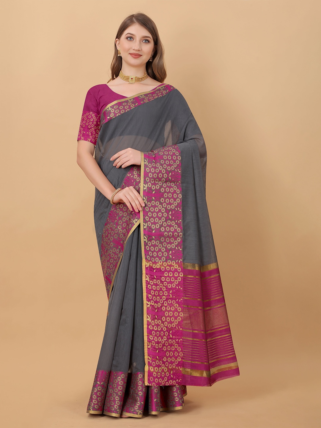 

VEDANT VASTRAM Woven Design Zari Banarasi Saree, Grey