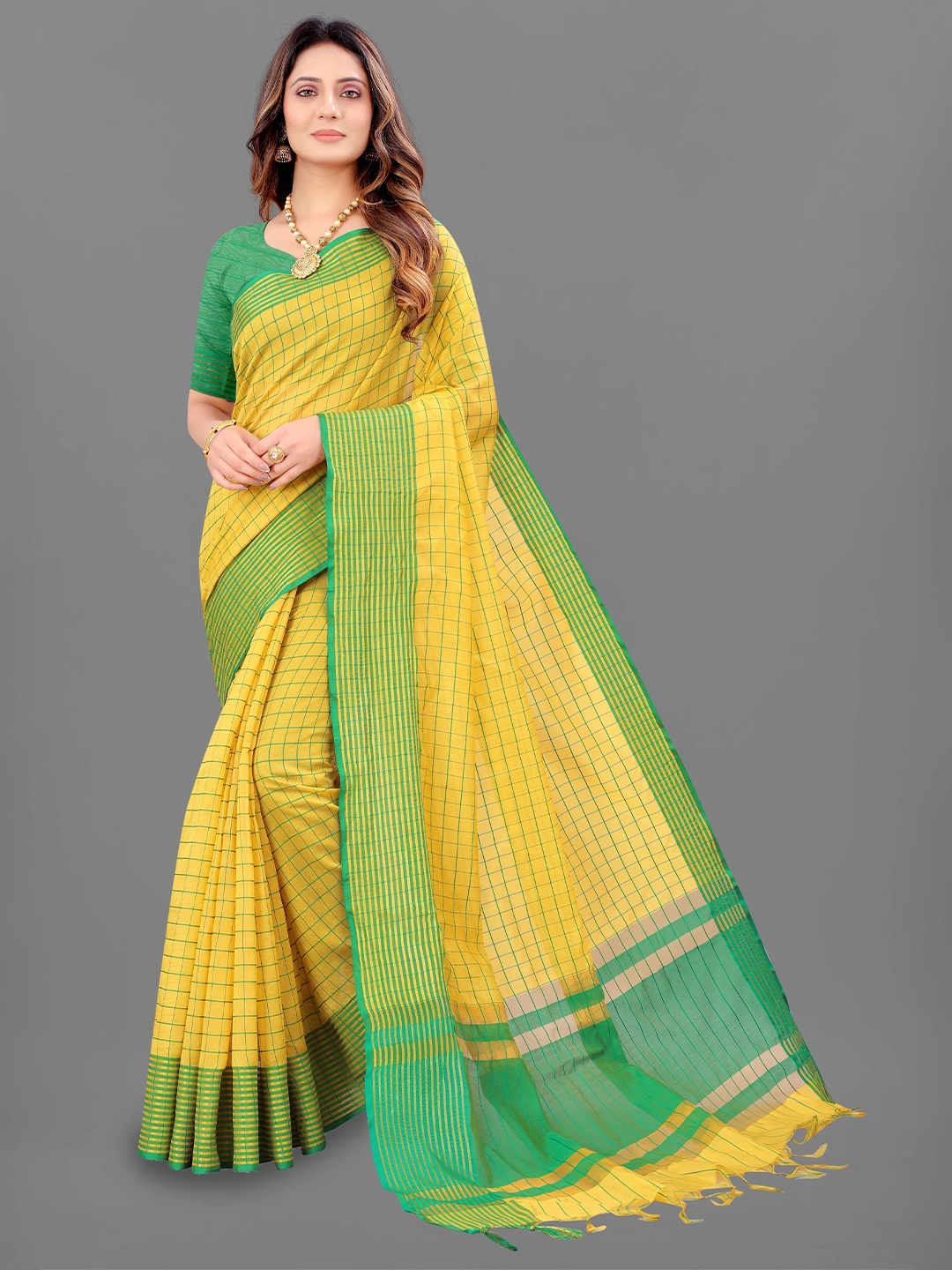 

VEDANT VASTRAM Checked Zari Silk Cotton Bhagalpuri Saree, Yellow