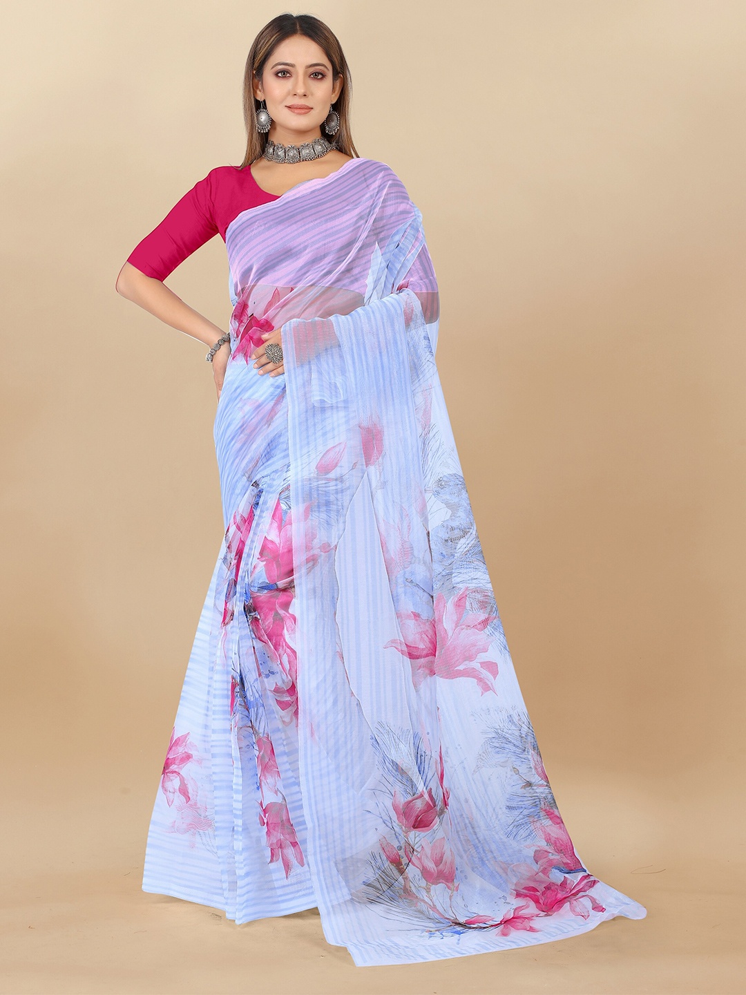 

VEDANT VASTRAM Floral Printed Organza Saree, Pink