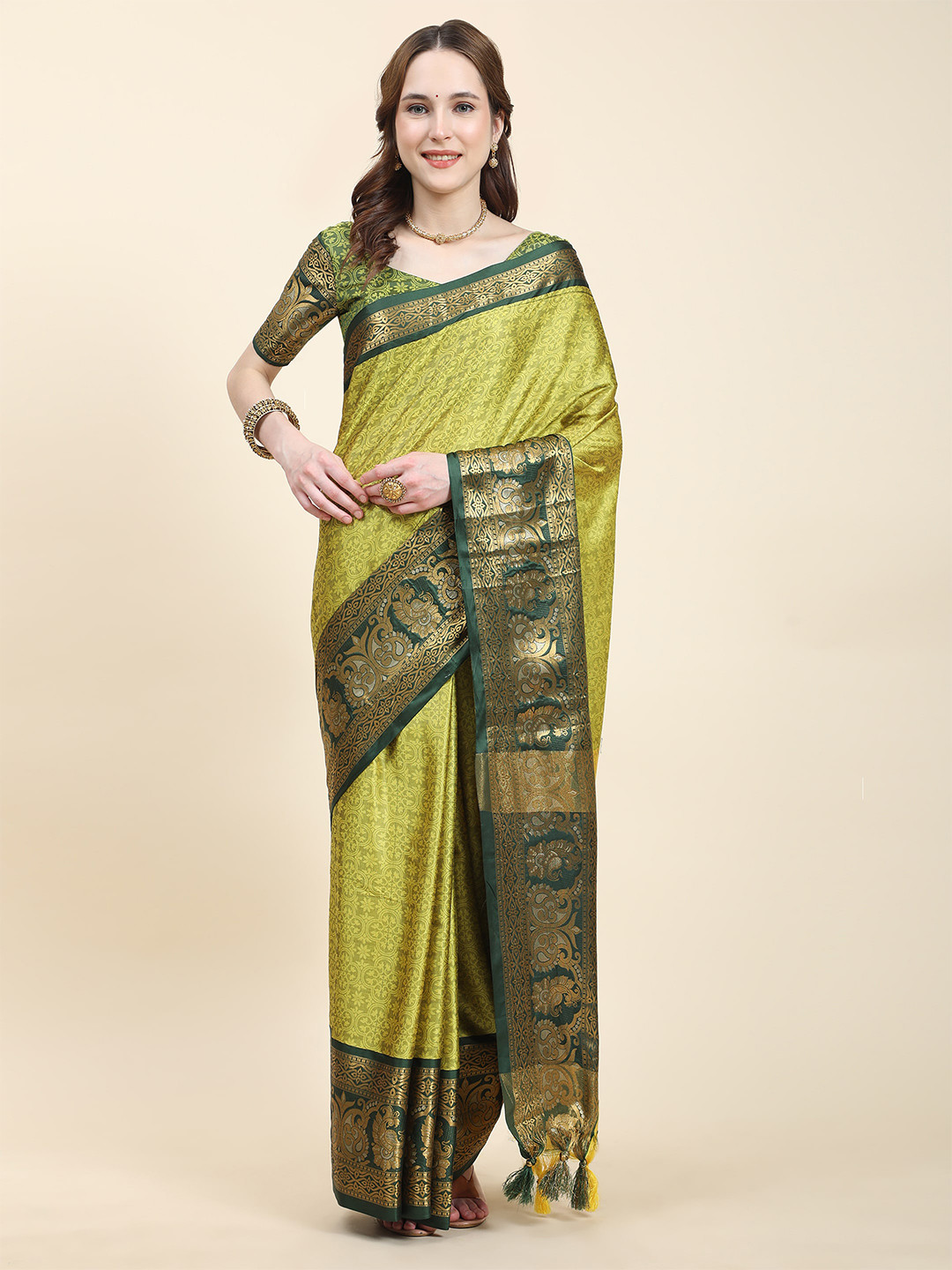 

VEDANT VASTRAM Ethnic Motifs Woven Design Zari Kanjeevaram Saree, Olive