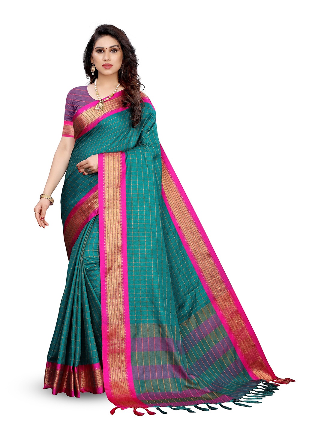 

VEDANT VASTRAM Checked Woven Design Zari Uppada Saree, Teal
