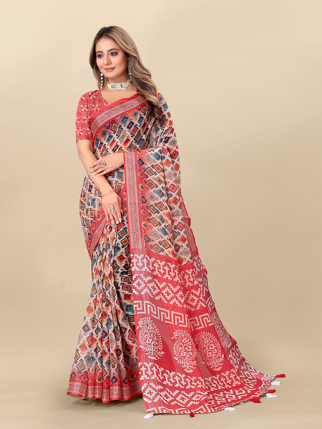 

VEDANT VASTRAM Ethnic Motifs Printed Pure Linen Saree, Pink