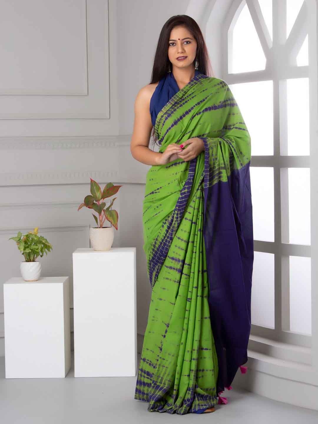 

clothonus Tie and Dye Pure Cotton Block Print Saree, Green