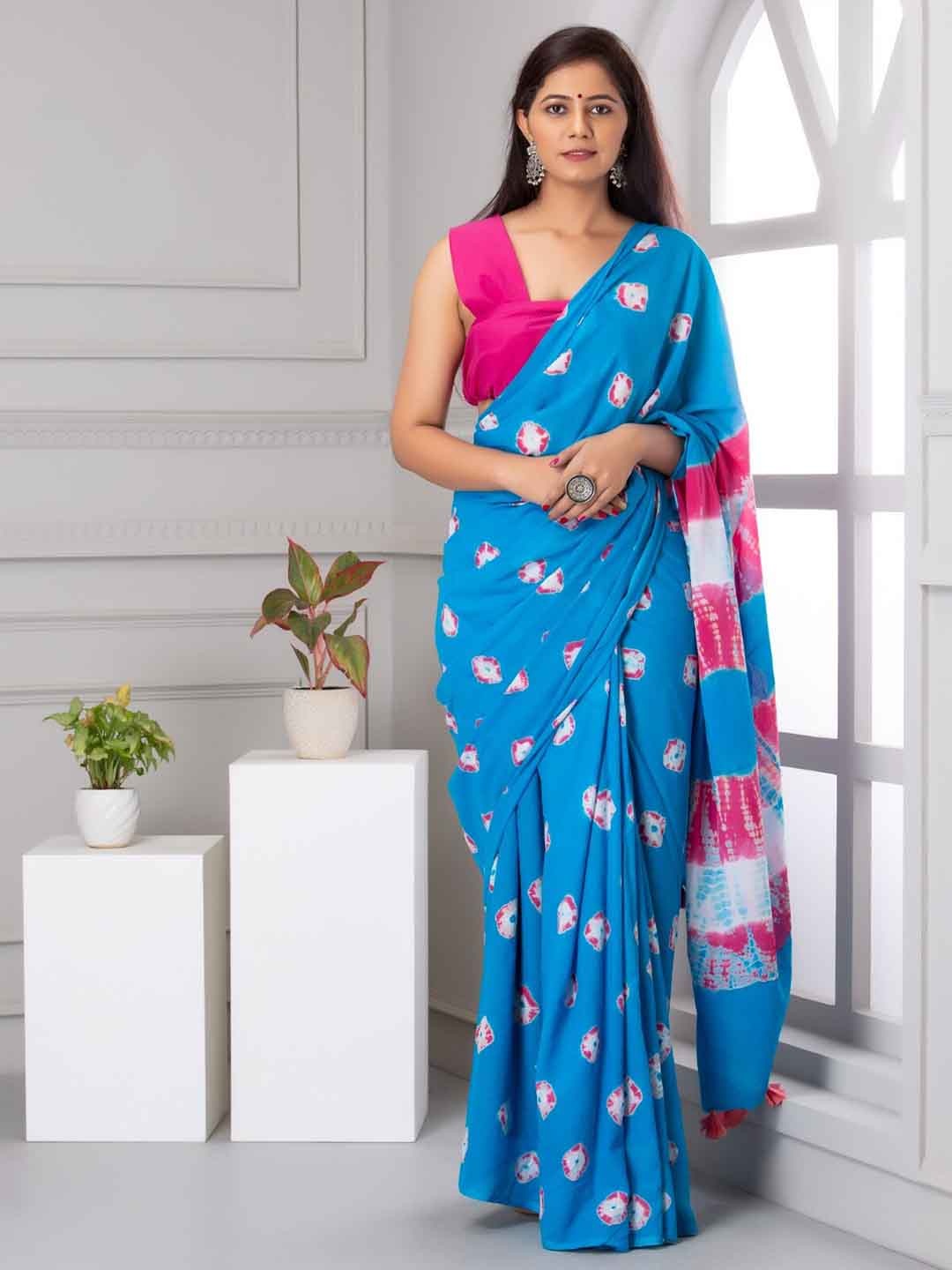 

clothonus Tie and Dye Pure Cotton Block Print Saree, Blue