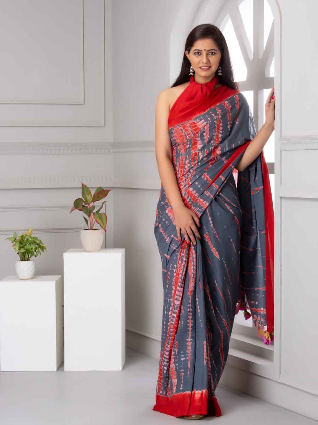 

clothonus Tie and Dye Pure Cotton Block Print Saree, Grey