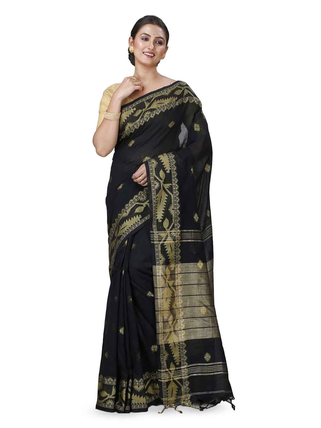 

DipDiya Ethnic Woven Design Zari Pure Cotton Taant Saree, Black