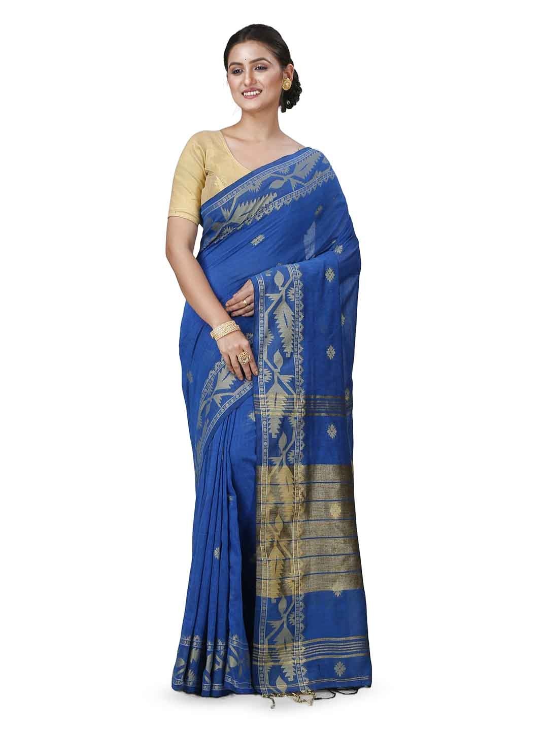 

DipDiya Ethnic Motif Woven Design Pure Cotton Taant Zari Saree, Blue