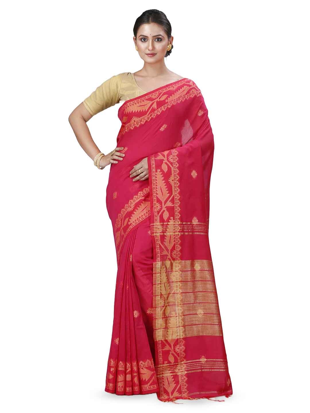 

DipDiya Ethnic Motif Woven Design Pure Cotton Taant Zari Saree, Pink