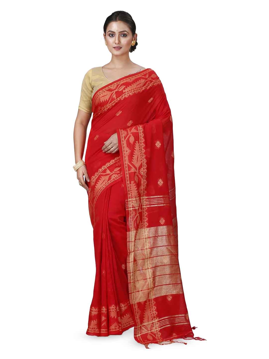 

DipDiya Floral Woven Design Pure Cotton Taant Zari Saree, Red