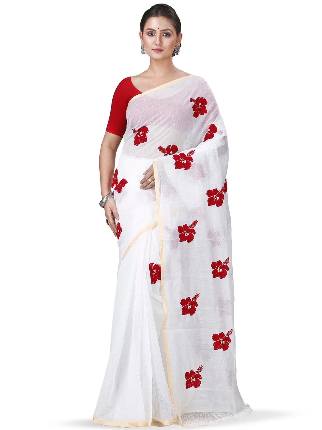 

DipDiya Ethnic Floral Printed Taant Saree, White