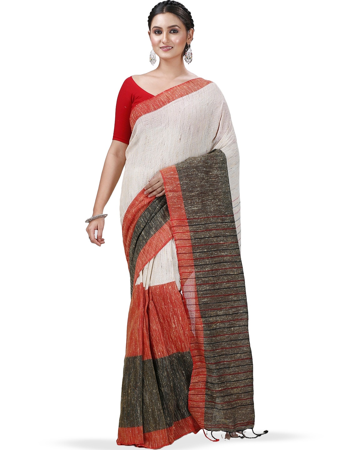 

DipDiya Woven Design Pure Cotton Taant Saree, Red