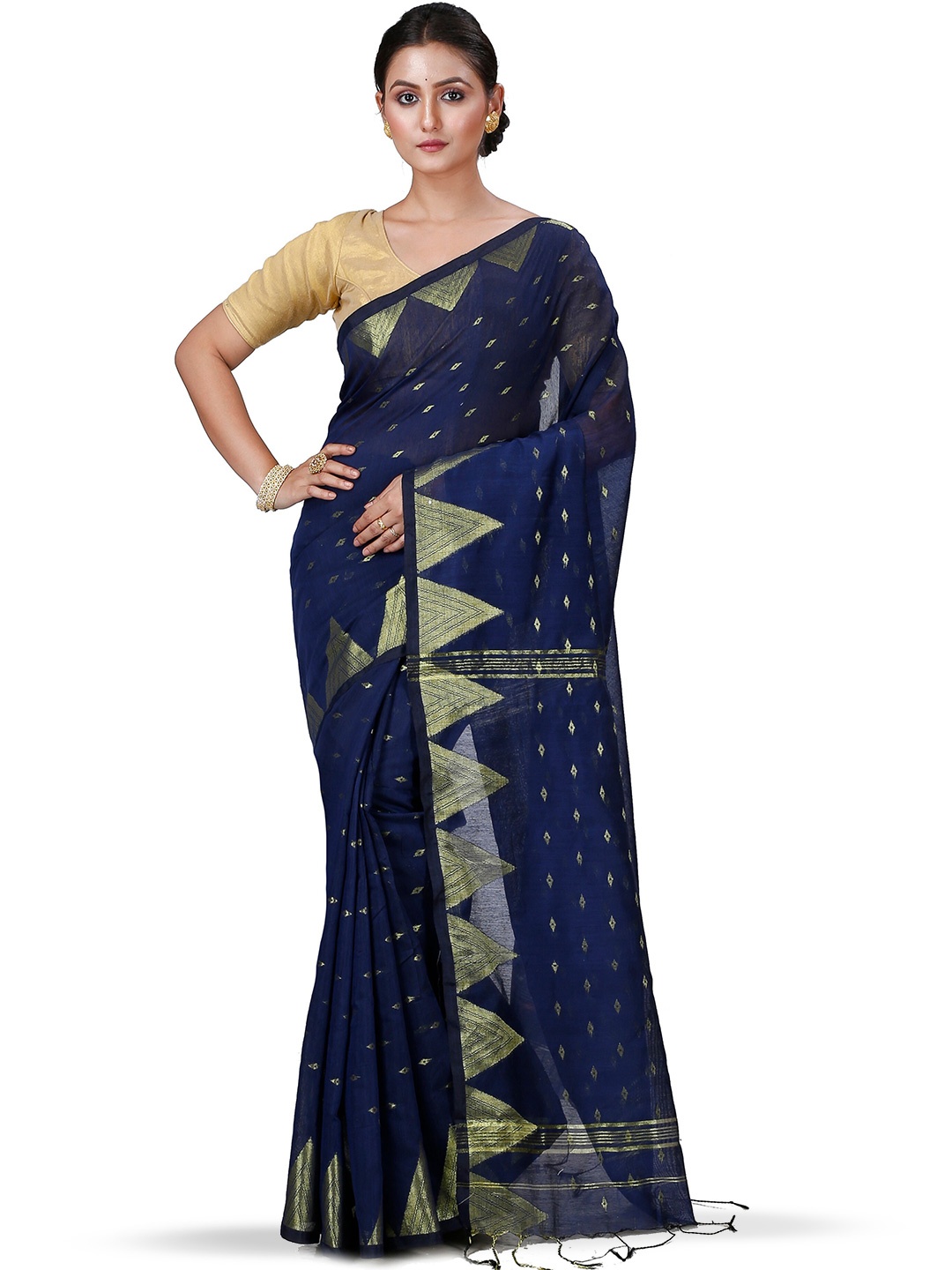 

DipDiya Geometric Woven Design Taant Zari Saree, Blue