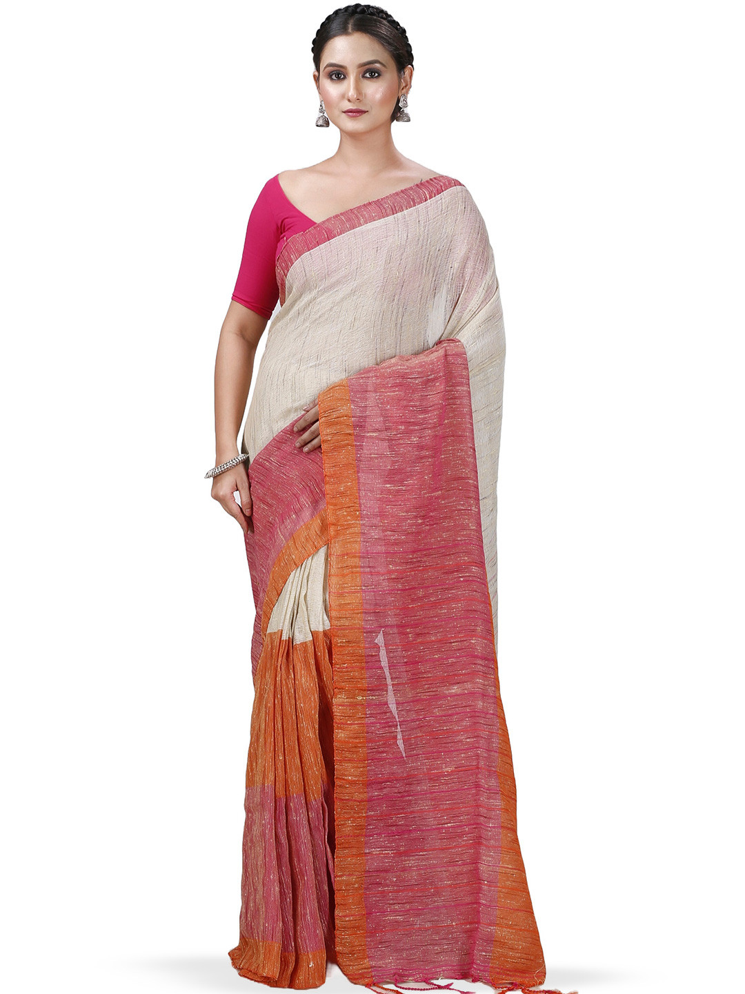 

DipDiya Ethnic Woven Design Pure Cotton Taant Saree, Orange