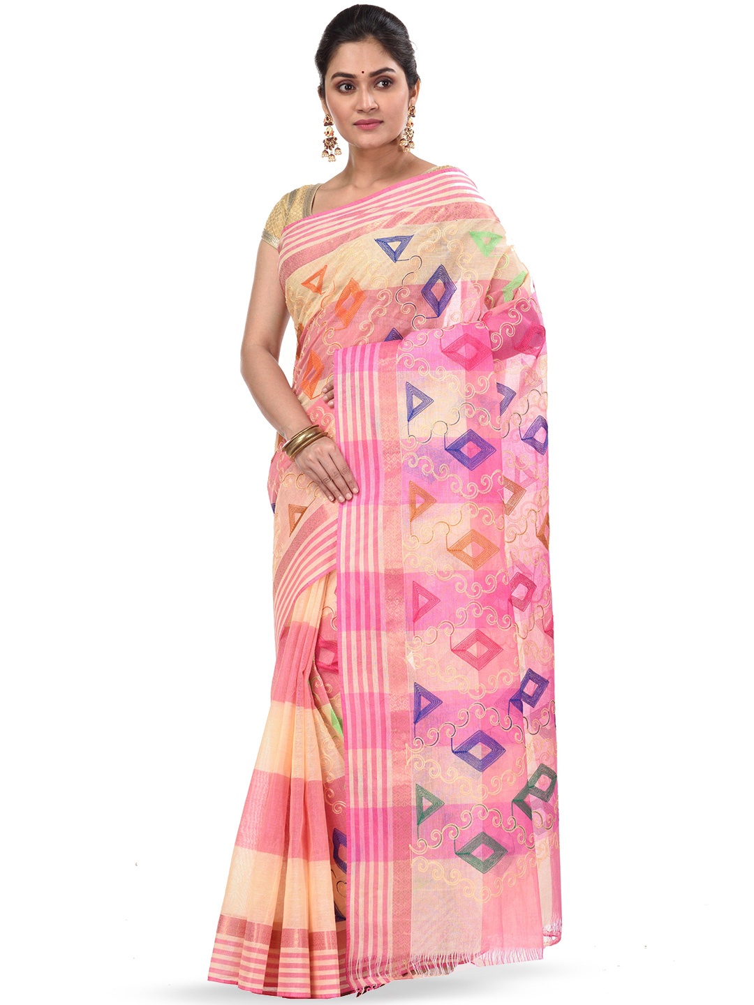 

DipDiya Floral Embroidered Woven Design Pure Cotton Taant Zari Saree, Pink