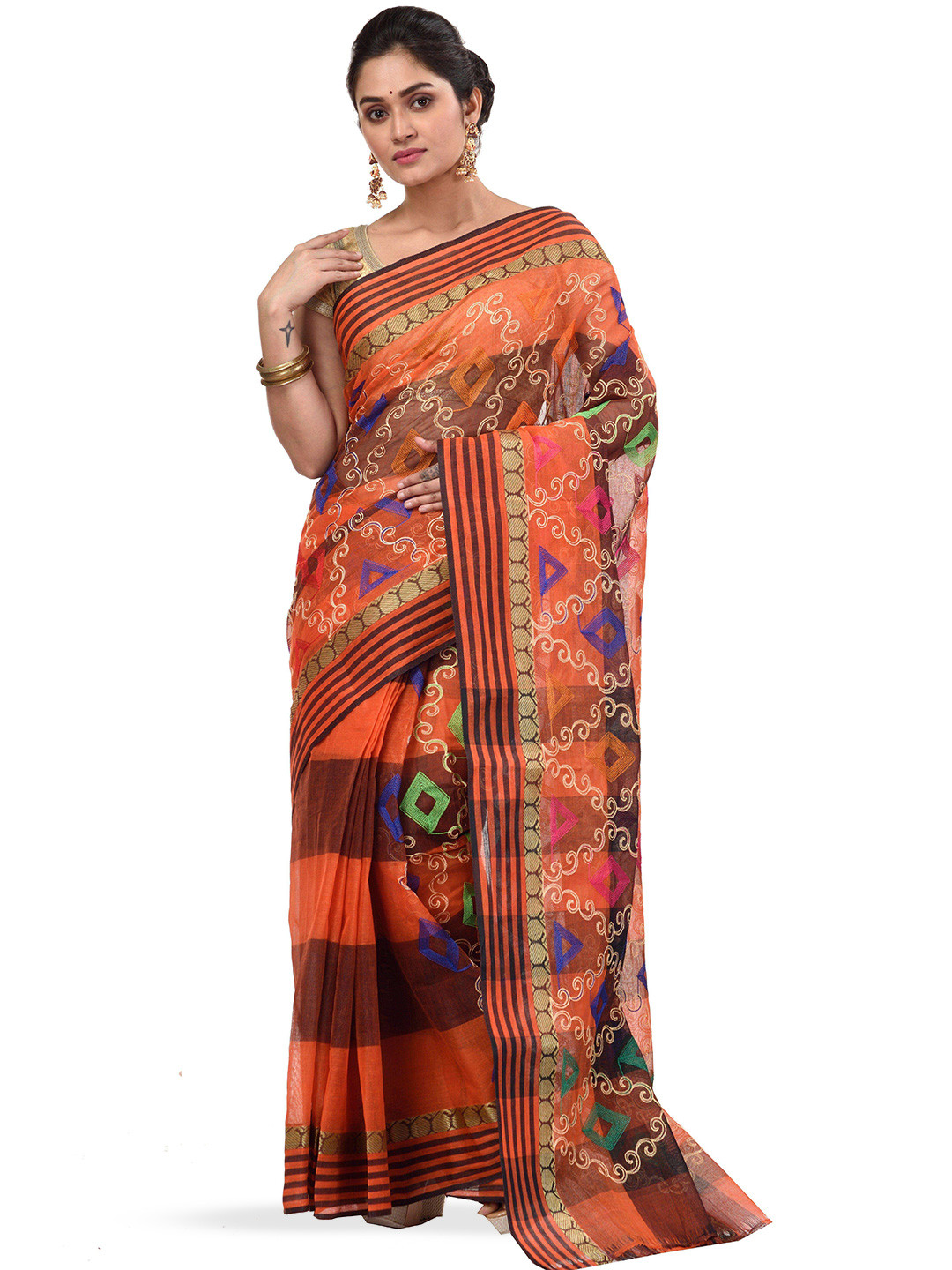 

DipDiya Ethnic Motifs Embroidered Pure Cotton Taant Saree, Brown