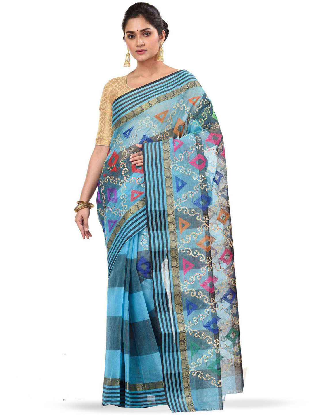 

DipDiya Ethnic Motif Woven Design Pure Cotton Taant Zari Saree, Blue