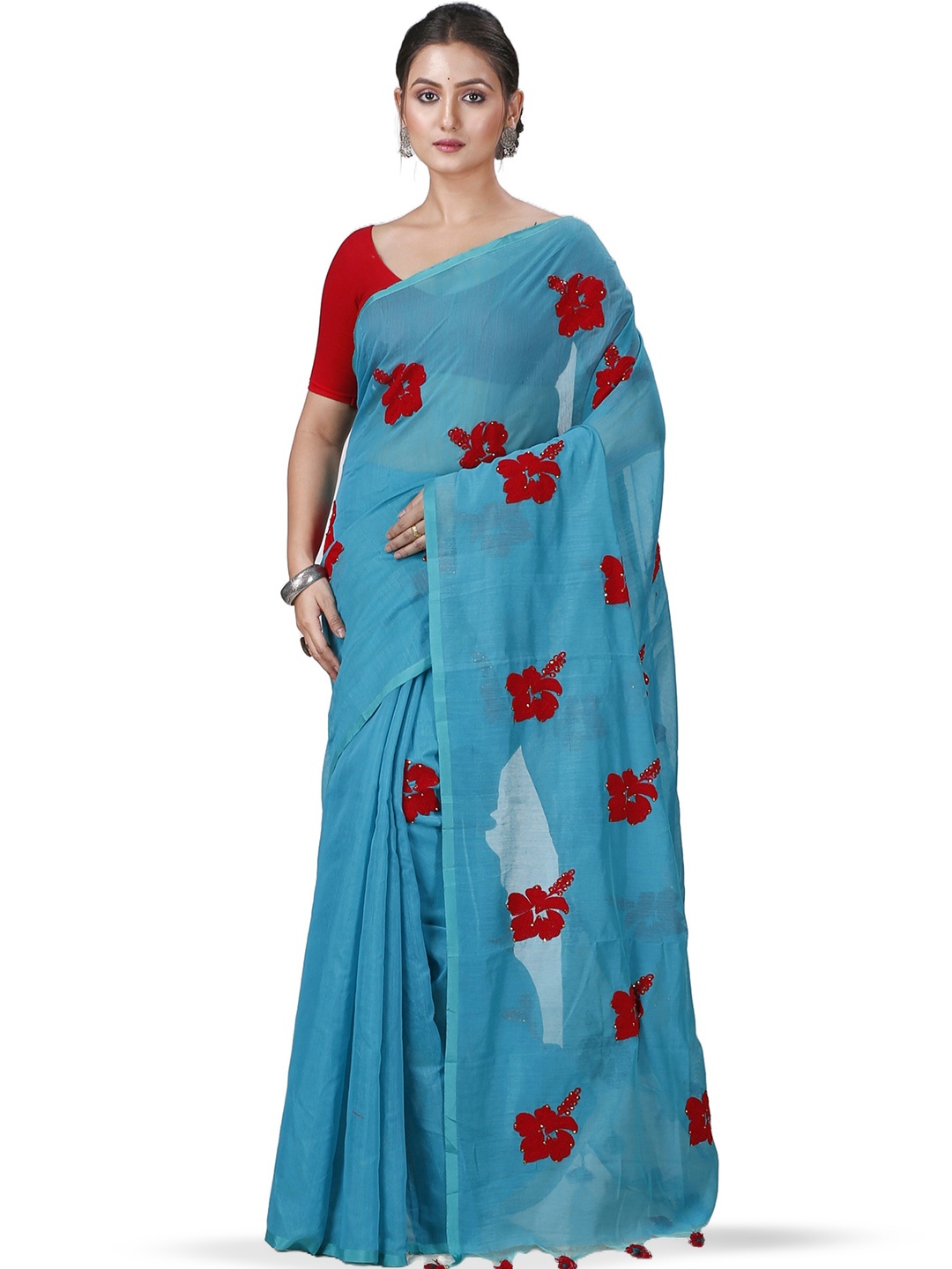 

DipDiya Floral Woven Design Beads and Stones Taant Saree, Sea green