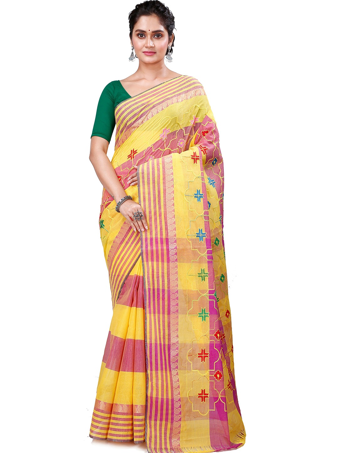 

DipDiya Ethnic Woven Design Zari Pure Cotton Taant Saree, Yellow