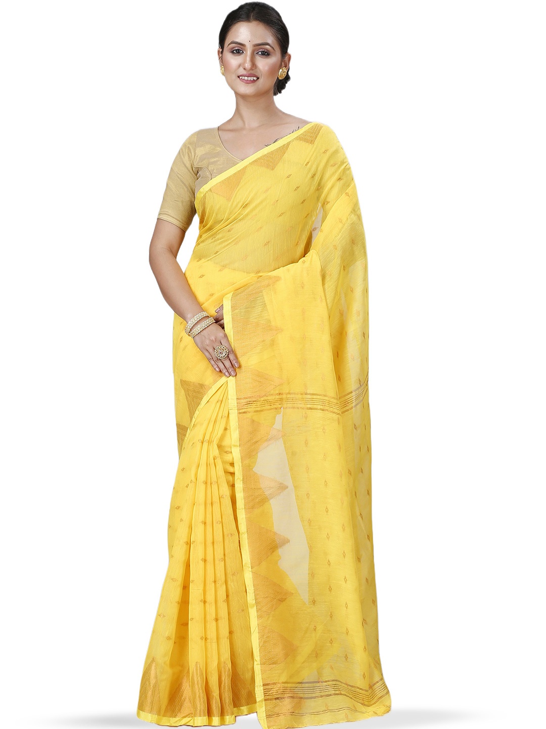 

DipDiya Geometric Woven Design Taant Zari Saree, Yellow