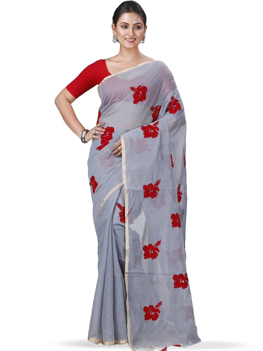 

DipDiya Floral Printed Taant Zari Saree, Grey