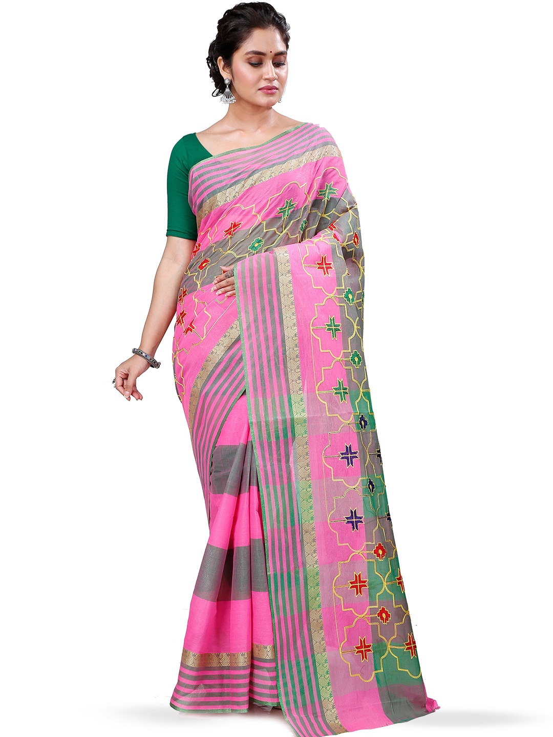 

DipDiya Ethnic Woven Design Embroidered Pure Cotton Taant Saree, Pink