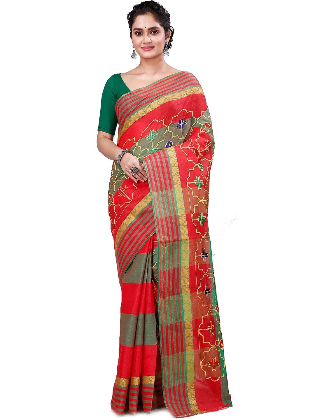 

DipDiya Ethnic Motifs Embroidered Pure Cotton Zari Saree, Red