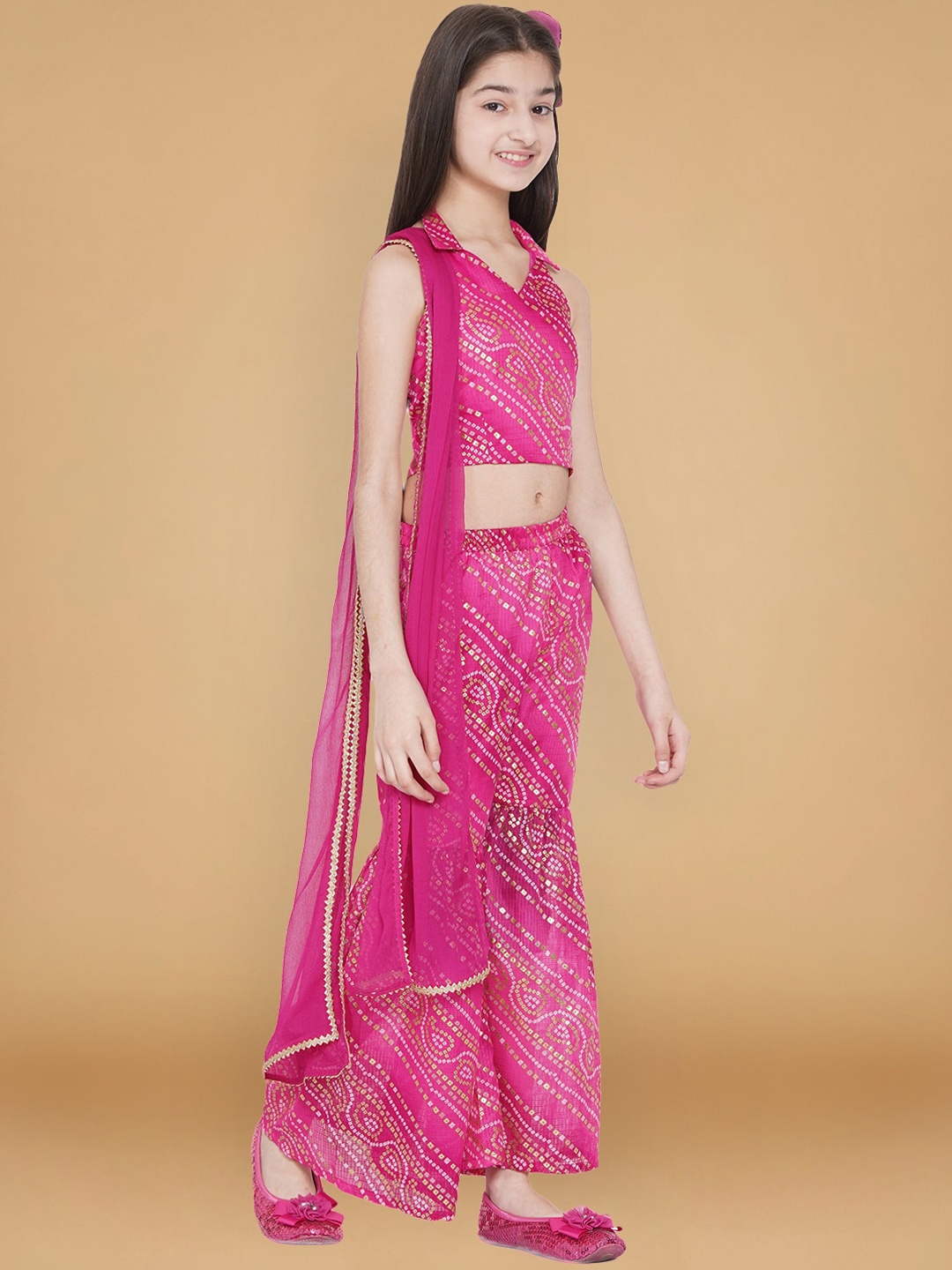 

Aks Kids Girls Bandhani Printed Top With Sharara & Dupatta, Pink