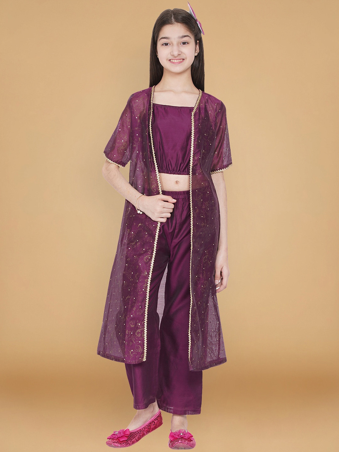 

Aks Kids Girls Shoulder Straps Crop Top with Palazzos & Shrug, Purple