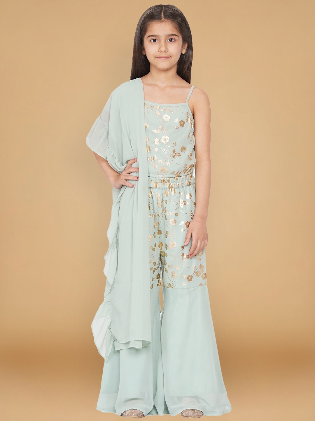 

Aks Kids Girls Printed Shoulder Straps Top with Sharara & Ruffle Dupatta, Sea green
