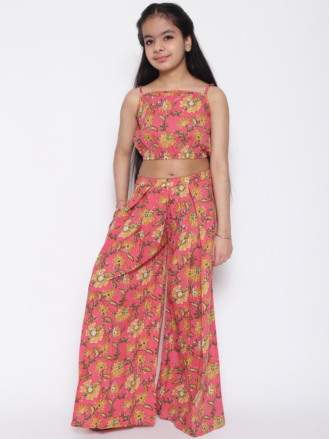 

Aks Kids Girls Floral Printed Crop Top With Flared Palazzo, Pink