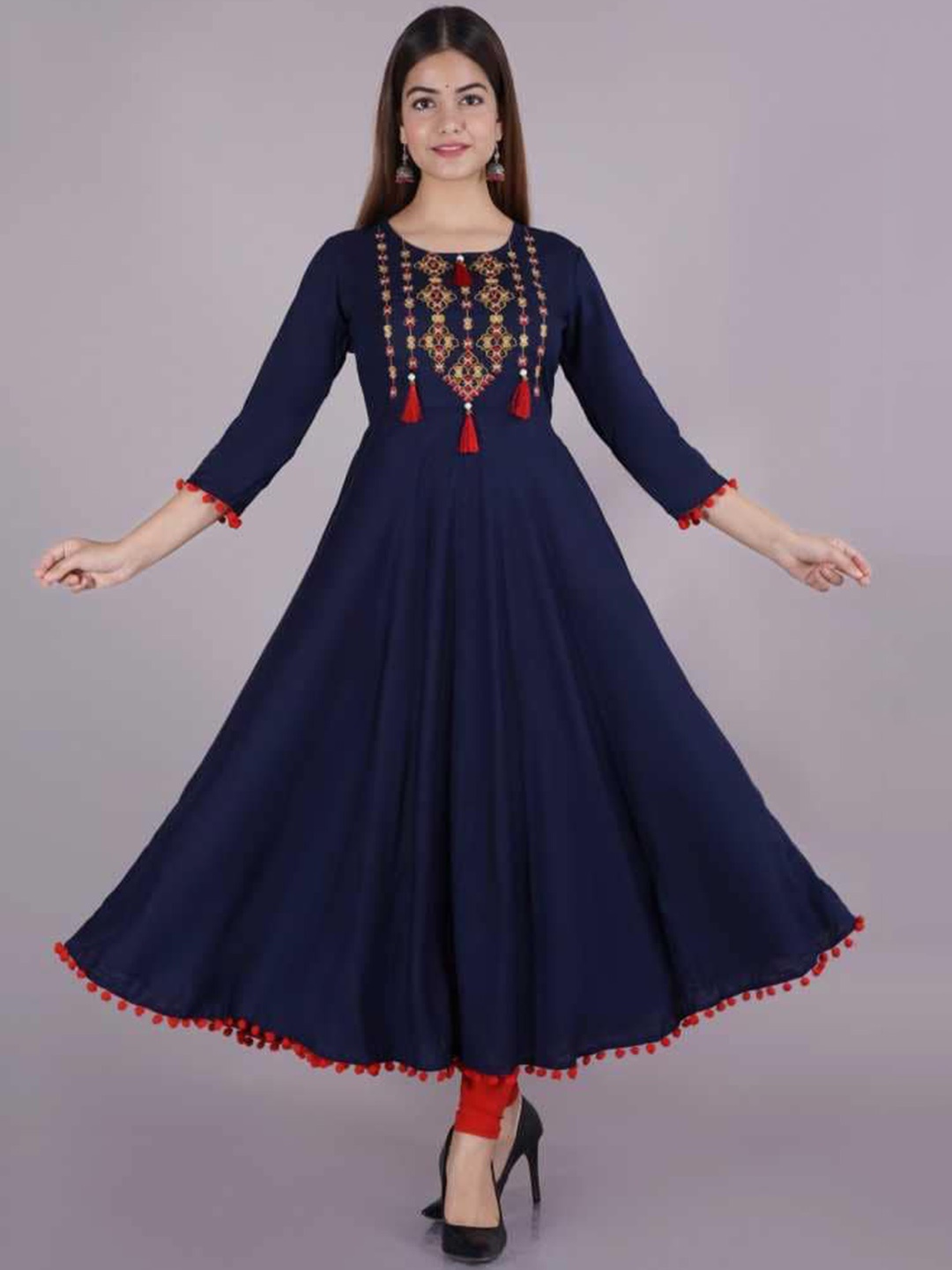 

ANJAYA Ethnic Motifs Yoke Design Tasseled Anarkali Kurta, Navy blue