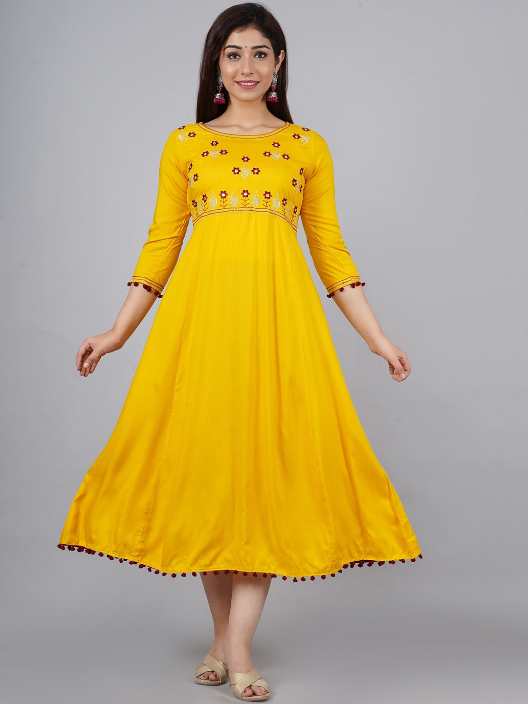 

ANJAYA Women Embroidered Flared Sleeves Mirror Work Anarkali Kurta, Yellow