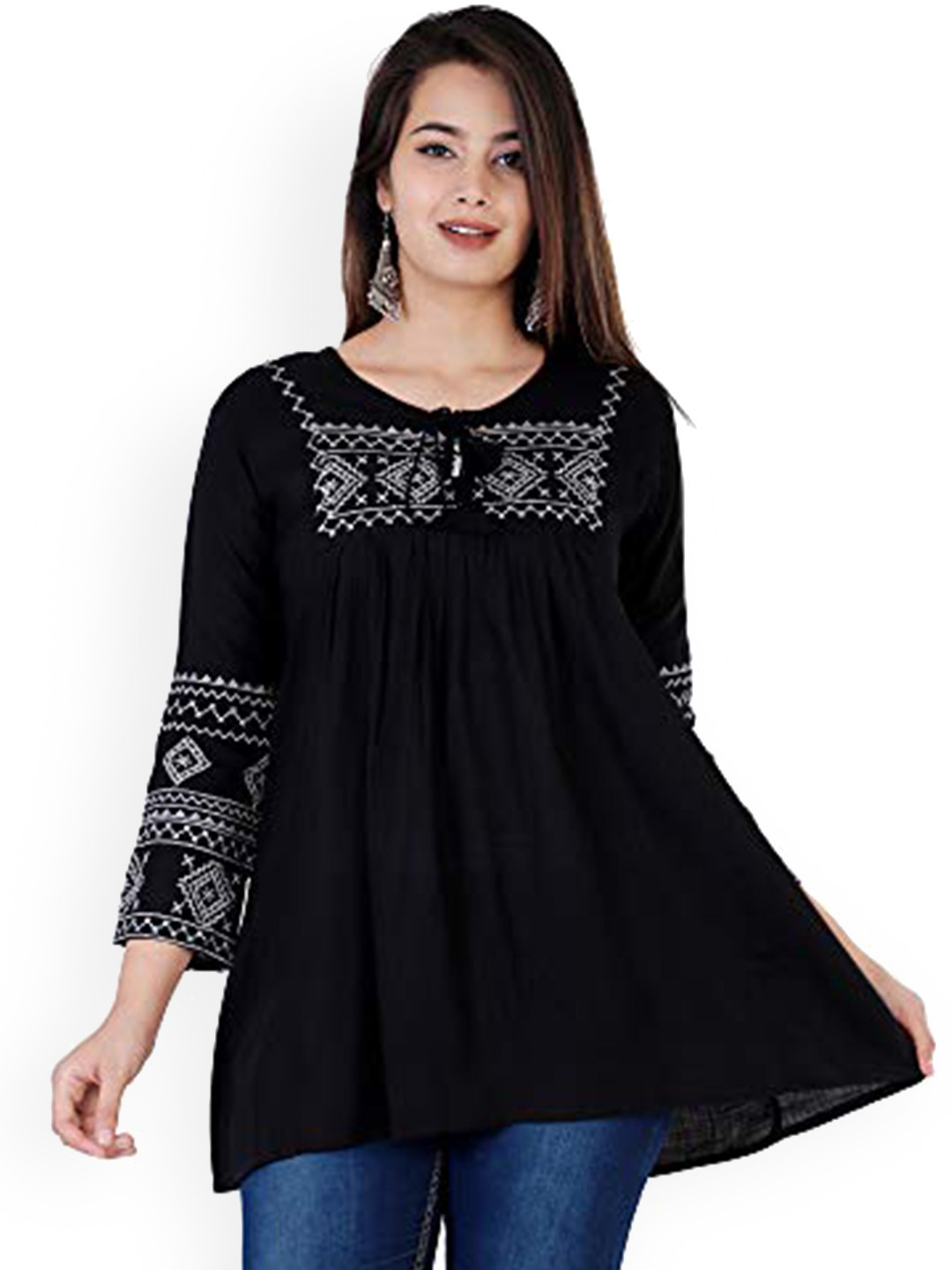 

ANJAYA Geometric Embroidered Tie Up Neck Longline A-Line Kurti, Black
