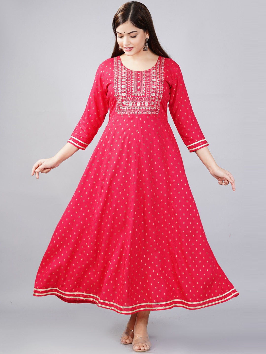 

ANJAYA Ethnic Motifs Printed Embroidered Detailed Fit & Flare Midi Ethnic Dress, Pink