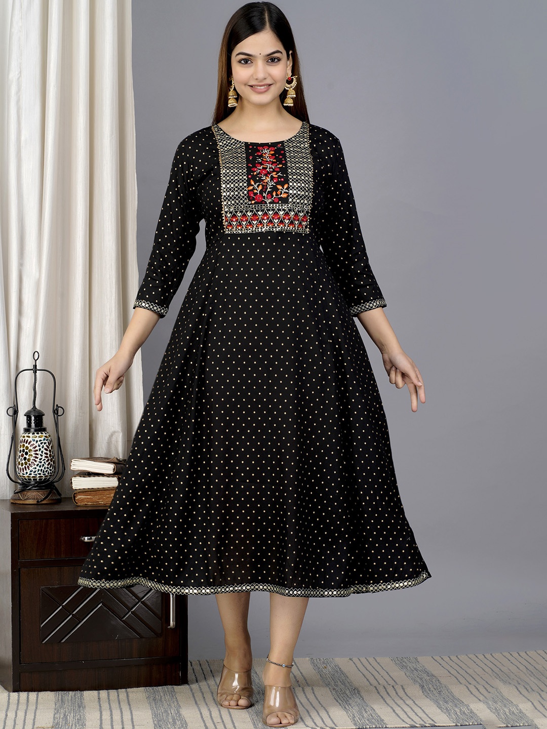 

ANJAYA Geometric Printed Sequinned Fit and Flare Midi Ethnic Dress, Black